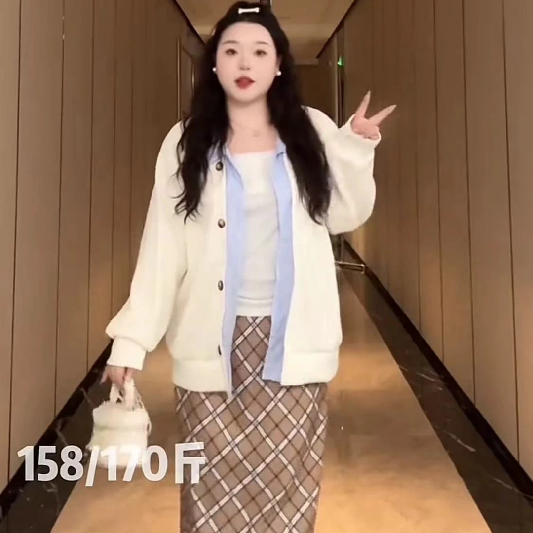 时尚休闲慵懒风甜美撞色假两件外套+洋气小衫+格纹半身裙三件套