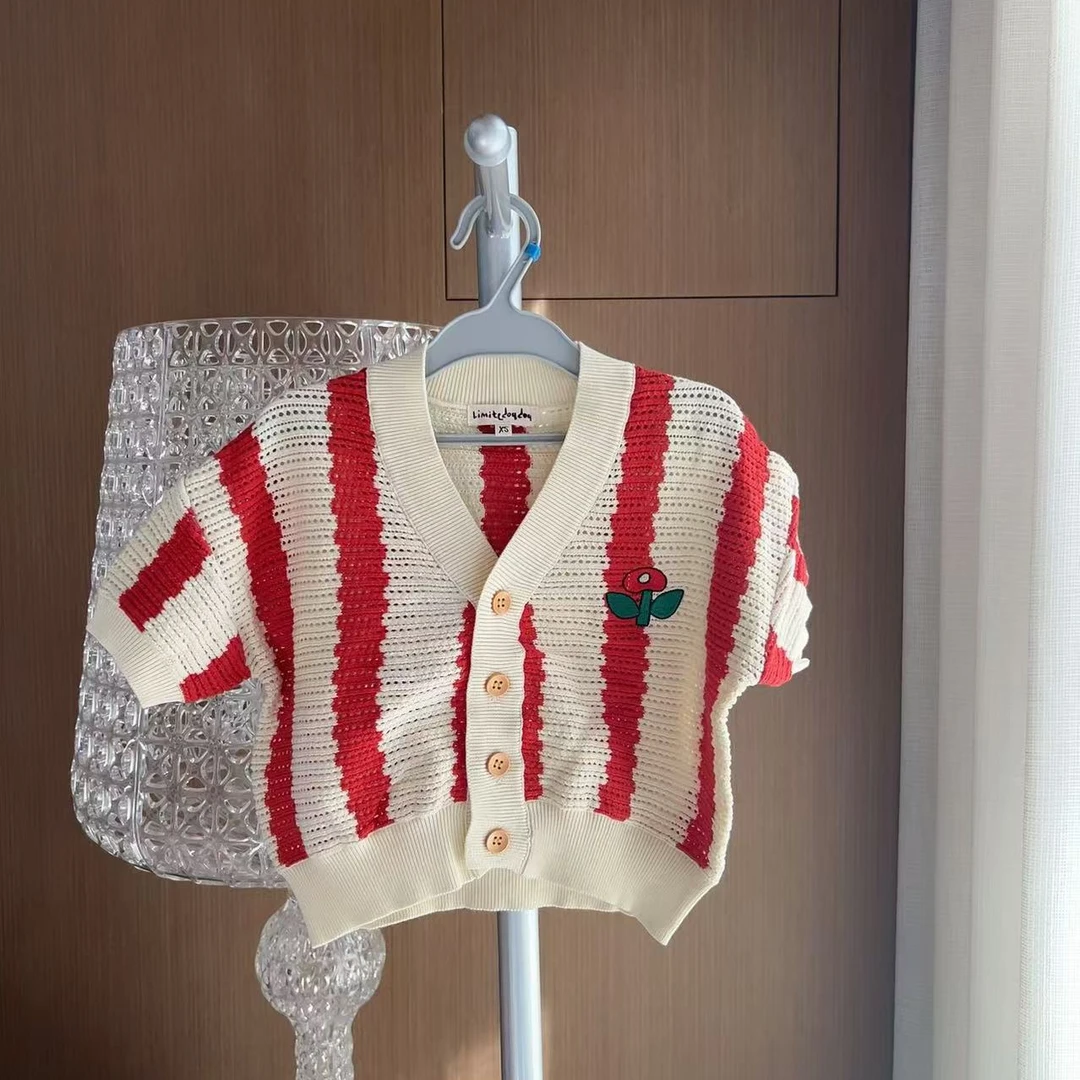 豆豆 红白竖条纹短袖针织开衫