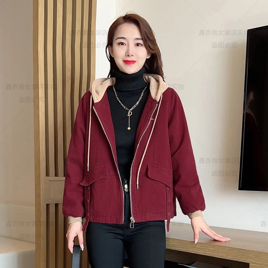 加棉连帽外套女秋冬2022新款宽松加厚保暖上衣短外套春秋时尚洋气