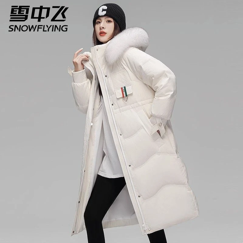 雪中飞长款羽绒服新款连帽保暖狐狸毛领肌理感外套冬季潮30836