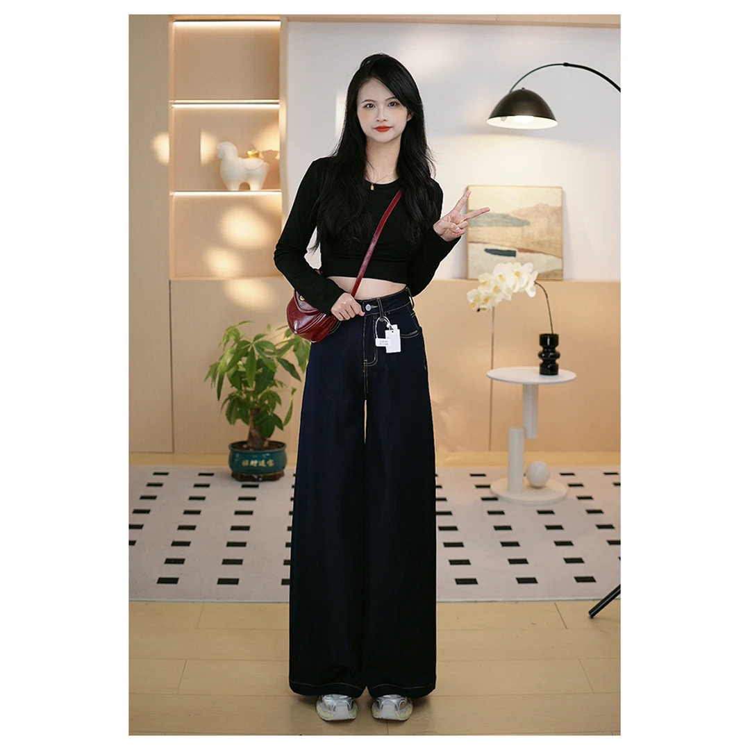 T11【RONZE潮流】原牛美式蓝灰色阔腿牛仔裤女高腰宽松拖地裤