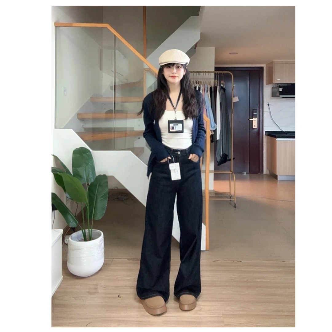 T295【RONZE潮流】美式原宿风蓝灰色阔腿牛仔裤高腰宽松拖地裤