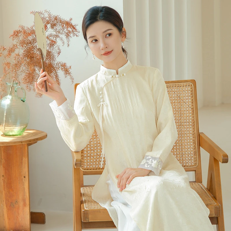 【沉舒】高端新款女新中式立领压皱丝绒连衣裙盘扣气质茶服女士长裙