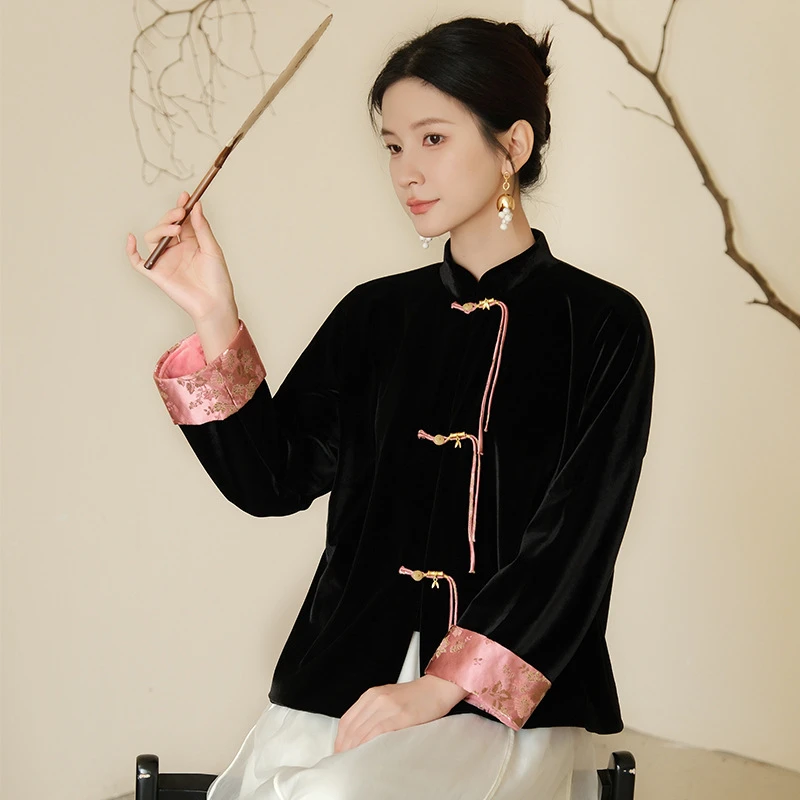 【霜落】秋冬唐装汉服茶艺师禅茶服新中式提花手工盘扣丝绒上衣外套