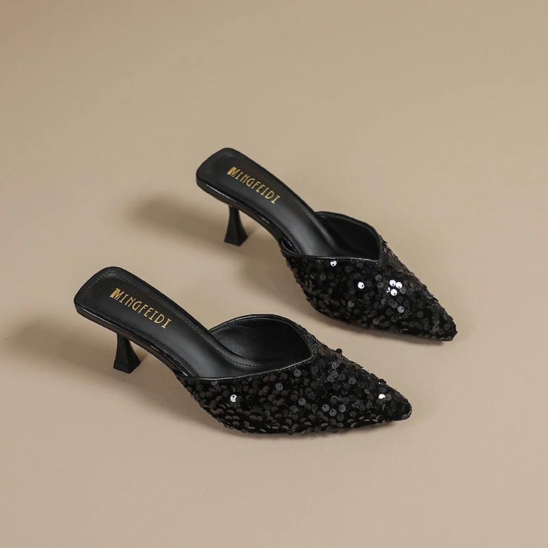 2024夏新款网红水钻半拖鞋包头凉拖高跟拖鞋女外穿时尚细跟尖头