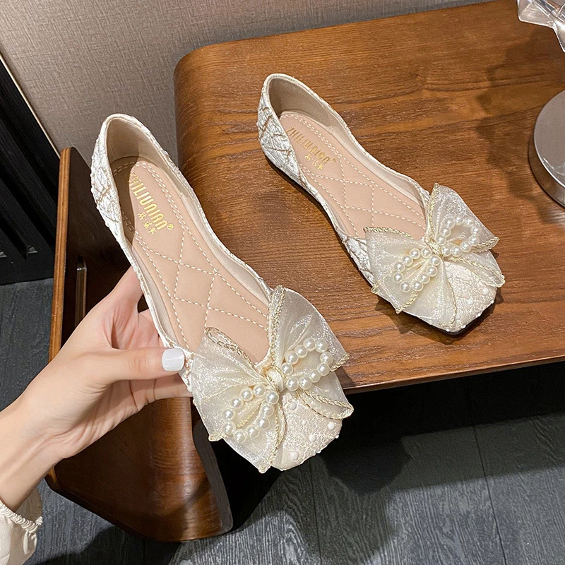 韩版方头平跟单鞋女新款蝴蝶结浅口内增高法式女鞋飘鞋春夏季