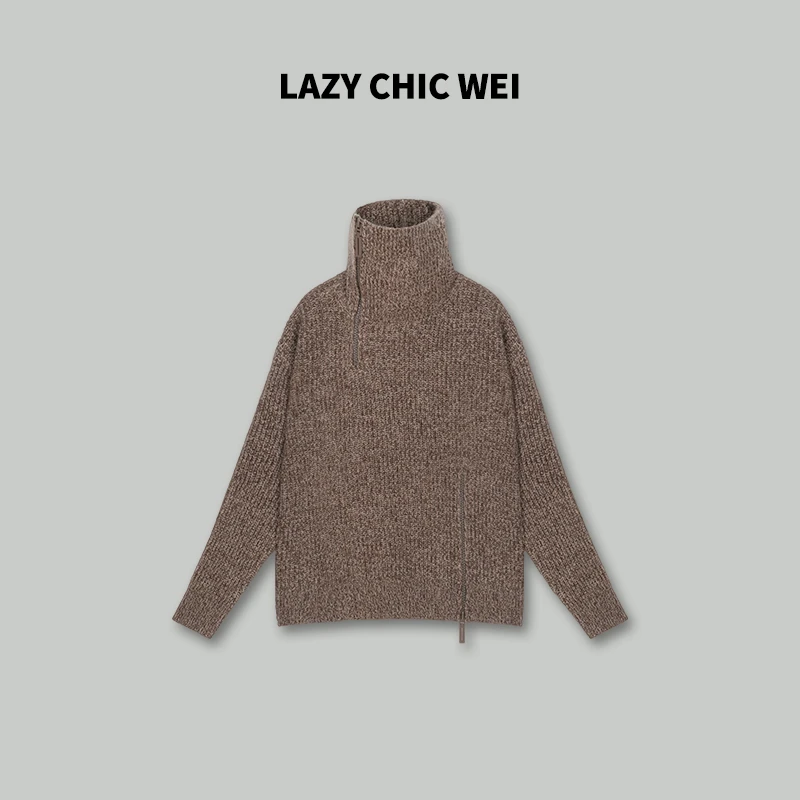 LAZY CHIC WEI 街拍毛衣 棕色冬立领保暖花纱针织毛衣 2428AWZ853