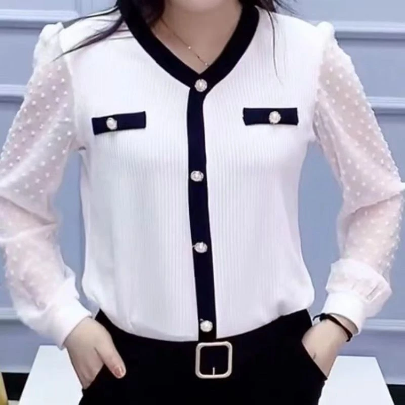 新款网红雪纺袖小香风V领上衣长袖爆款黑白边遮肉显瘦修身打底衫