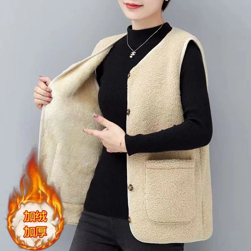 羊羔绒马甲女春秋装2024年新款加绒加厚马夹秋冬外搭背心外套坎肩