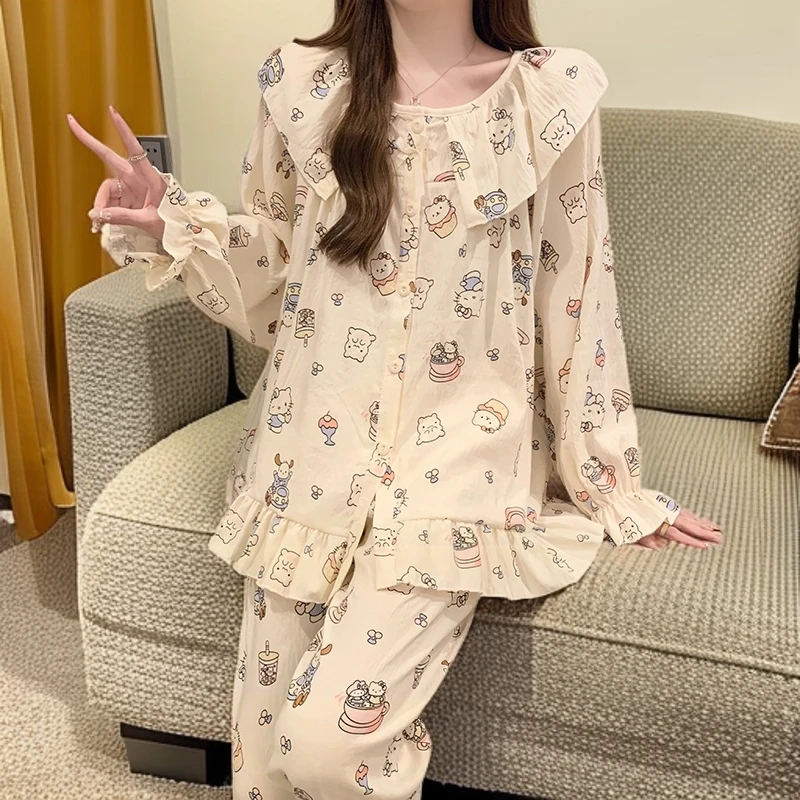 日系可爱卡通睡衣女春秋季新款HelloKitty娃娃领长袖长裤家居服冬