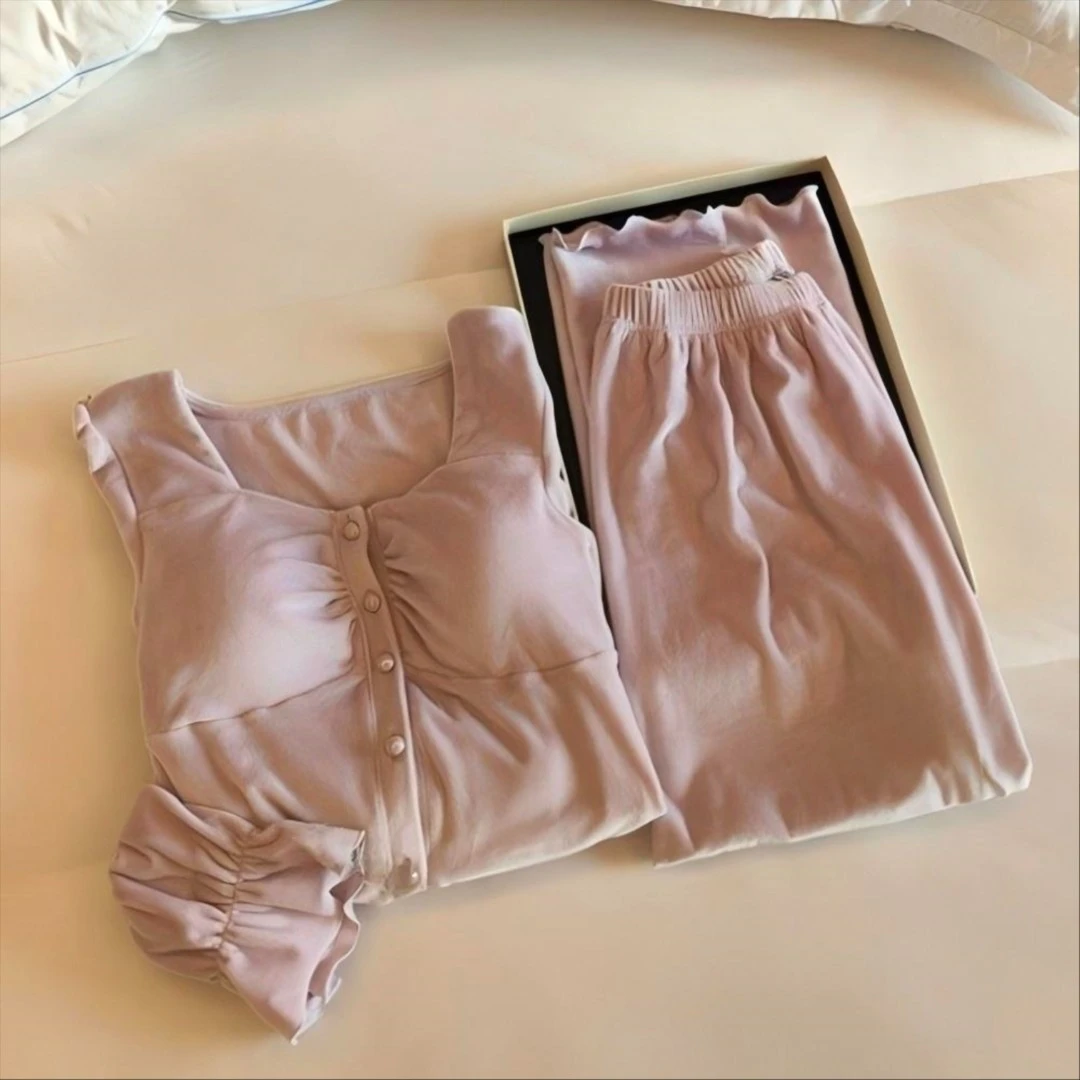 带胸垫海岛绒睡衣女春秋新款法式小香风保暖轻奢家居服套装可外穿