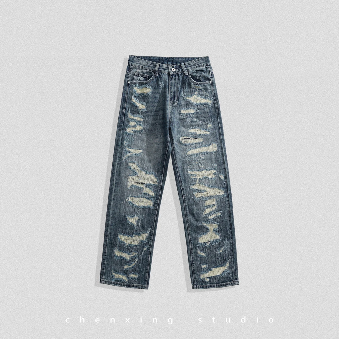 美式街头个性大破洞乞丐裤复古百搭牛仔裤男垂感小众水洗直筒长裤