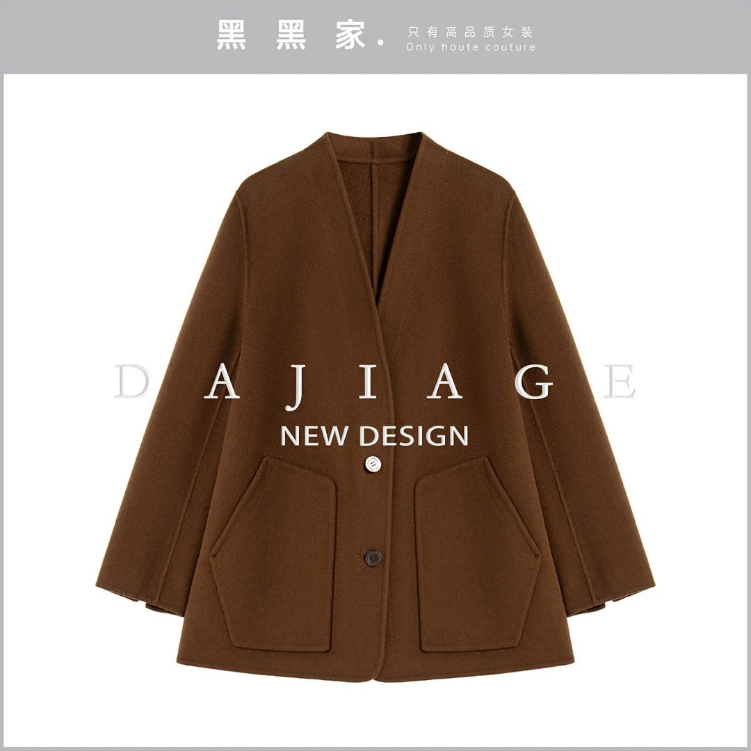【黑黑家】“必备大衣”秋冬新款高品质无领设计大口袋毛呢大衣外套