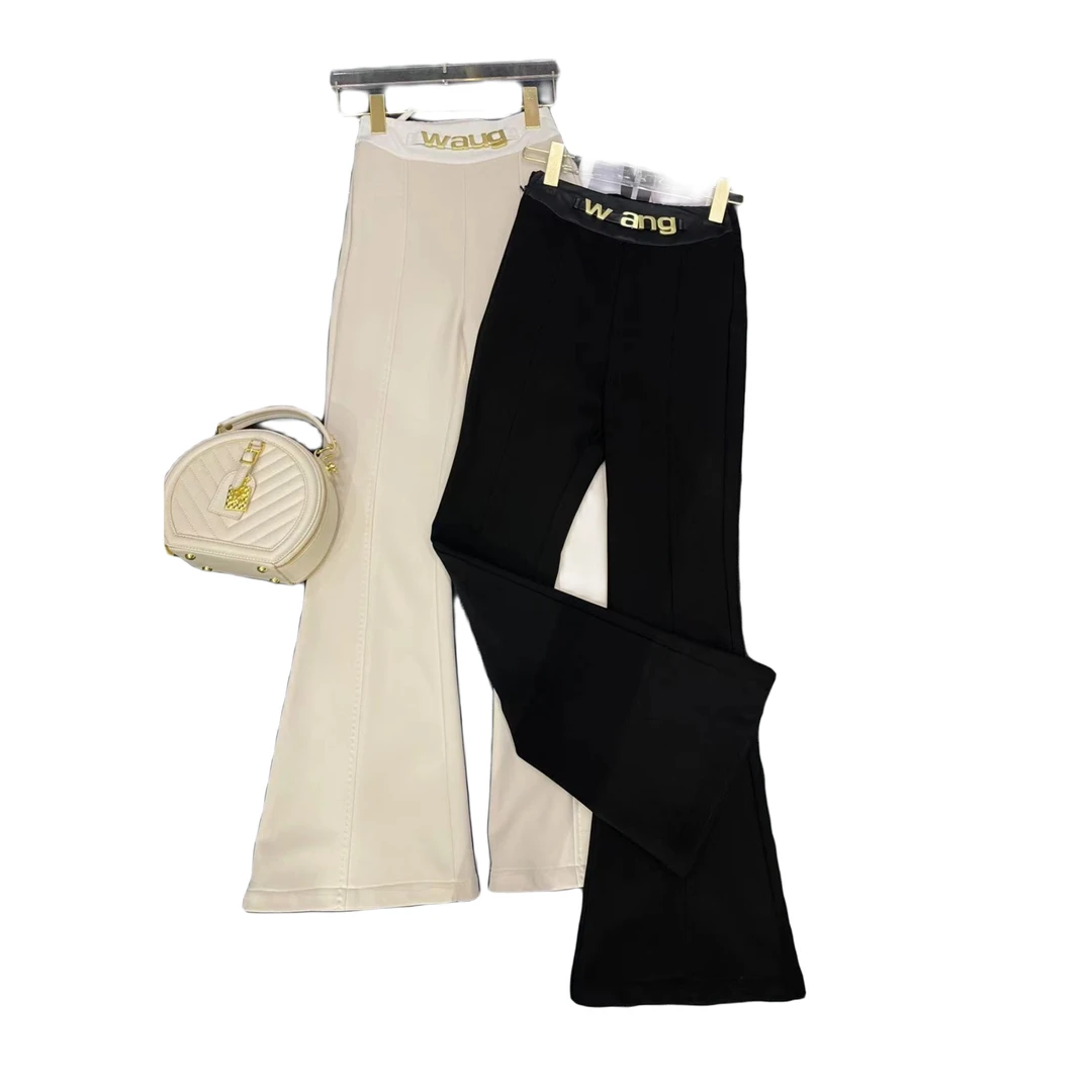 冬季轻奢时尚气质显瘦百搭腰部拼皮中高腰垂感加绒微喇裤ML3298+1