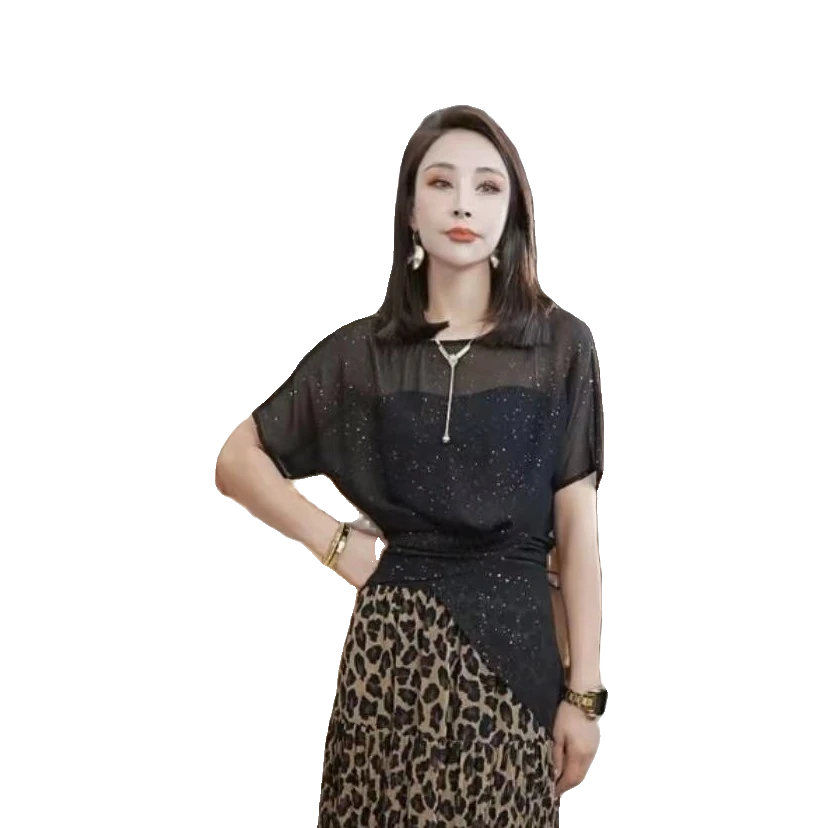 时尚气质显瘦满天星河不对称设计绑带收腰衬衫女士上衣ML2353C