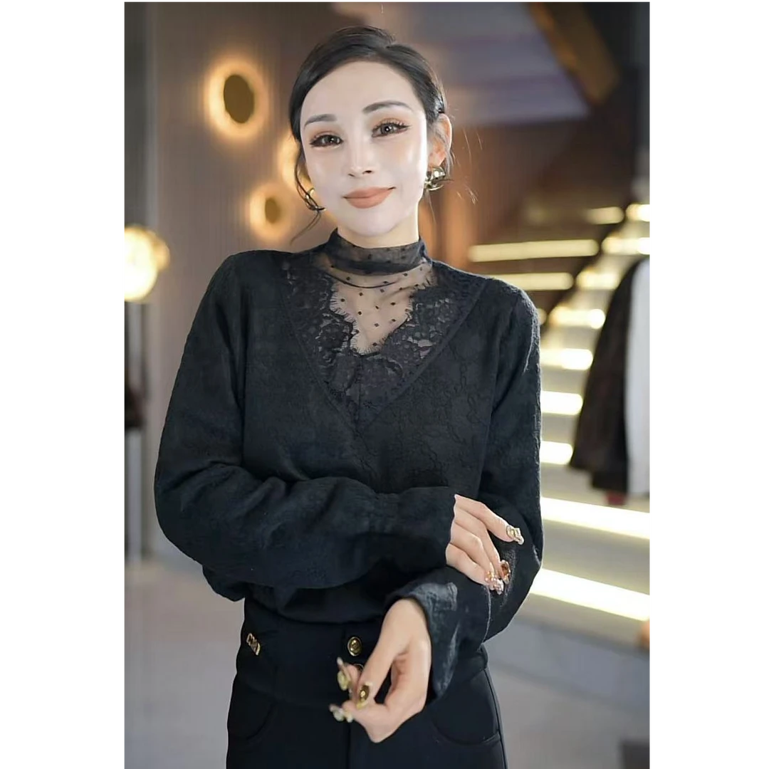 时尚气质百搭显瘦胸睫毛花边假两件女士套头高领打底毛衫3my96301