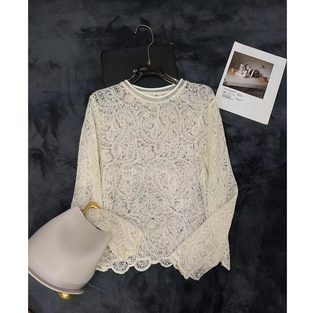 轻奢时尚气质百搭收腰显瘦蕾丝钩花打底衫女士上衣毛衫2my211561