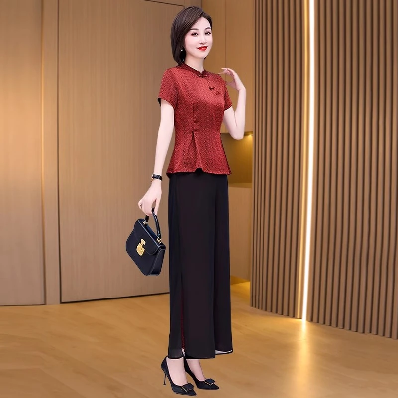 拉夏贝尔喜婆婆婚宴装红色套装女装春夏装2025新款时尚气质两件套