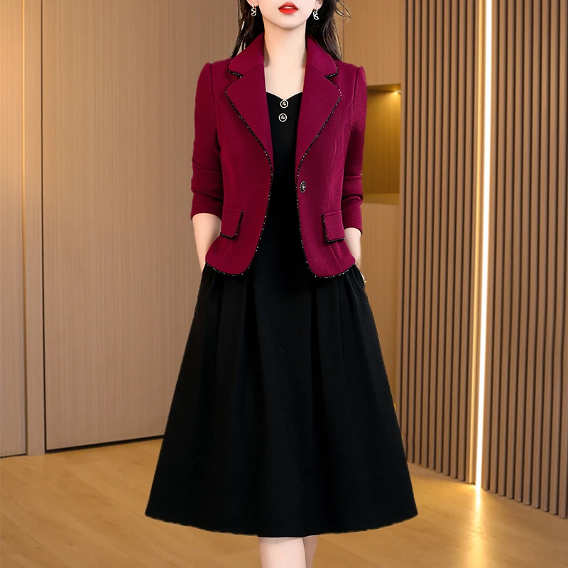 【拉夏】喜婆婆婚礼时尚结婚连衣裙2025早秋新款红色小香风两件套装