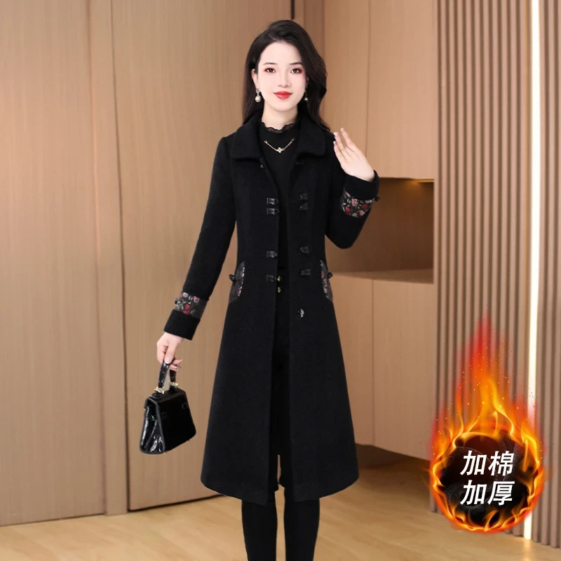 拉夏贝尔新中式洋气外套女2025秋冬高级感妈妈中长款加厚大衣棉服