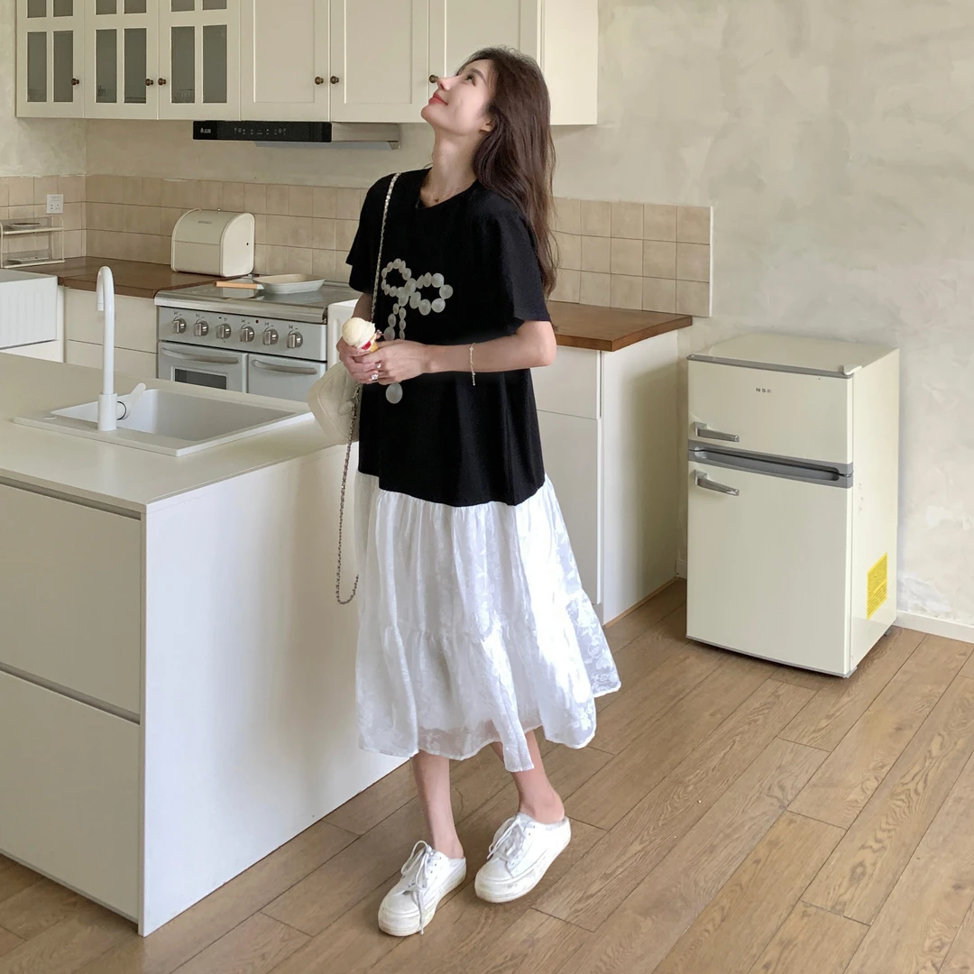 独特设计感假两件印花连衣裙女2025夏季新款休闲宽松中长款T恤裙