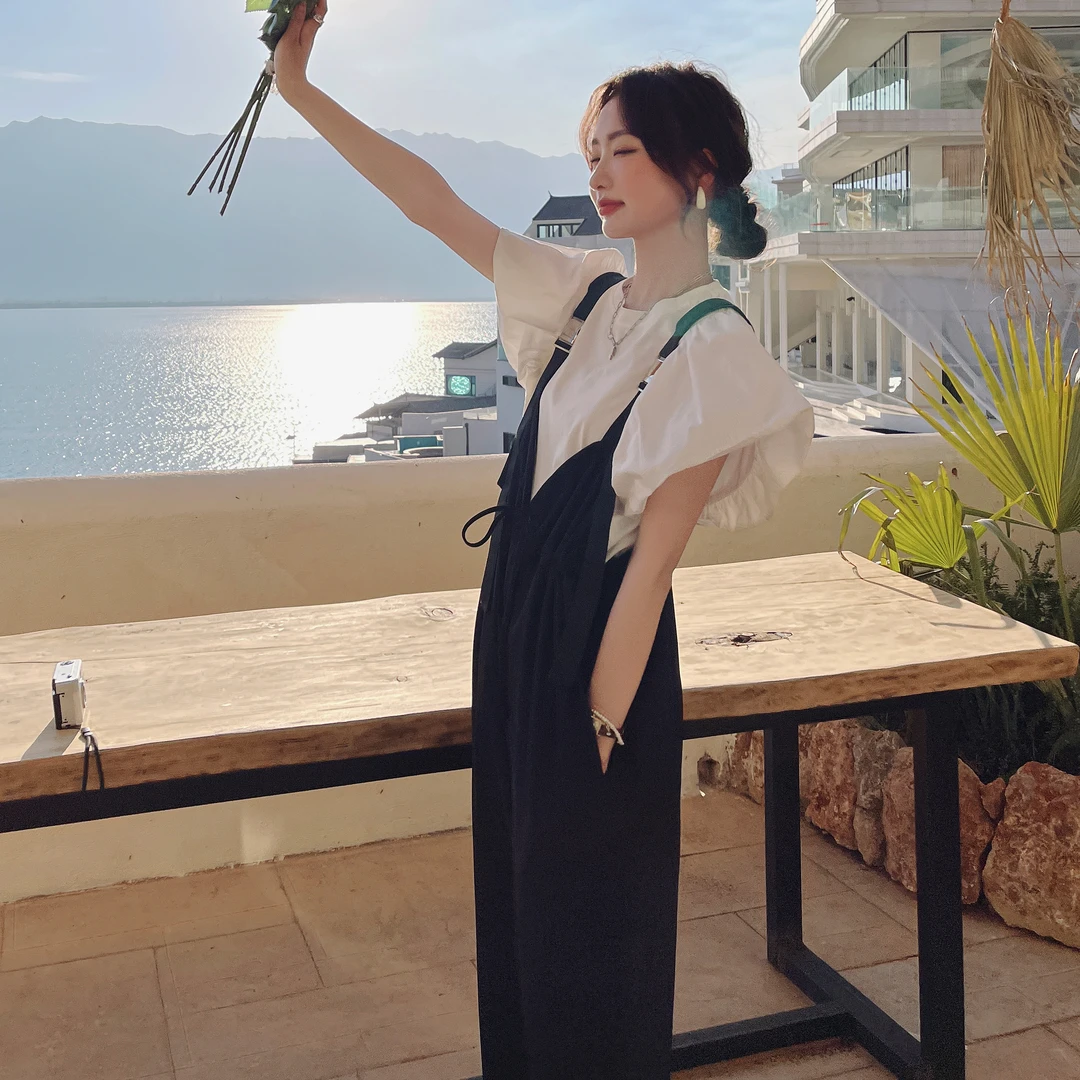 盐系轻熟风时尚女夏2025新款法式荷叶袖衬衫上衣阔腿背带裤两件套