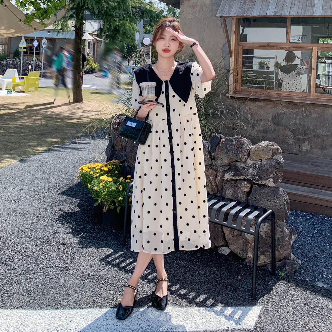 法式新款娃娃领波点连衣裙2025夏季韩版宽松文艺减龄气质雪纺长裙