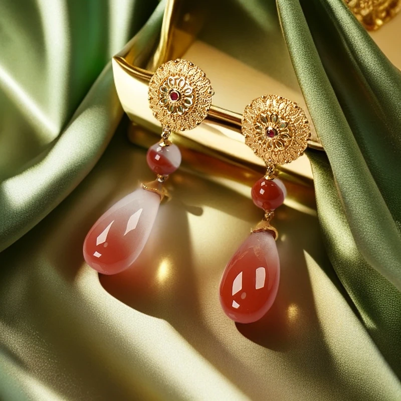 18k金南红镶嵌耳坠中国风精美吊坠古风百搭款精品轻奢款百搭款