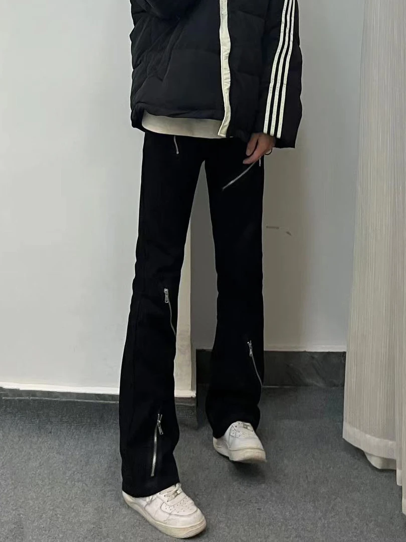 PIECEMEAL 美式高街拉链设计感宽松微喇叭黑色牛仔裤男直筒长裤