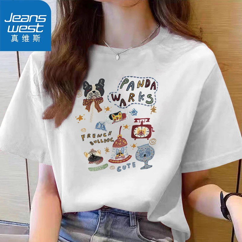 Jeanswest/真维斯2024夏季印花纯棉T恤圆领女短袖宽松百搭休闲009
