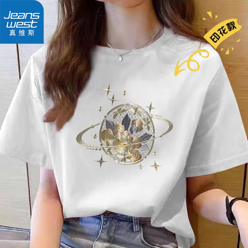 Jeanswest/真维斯2024春夏印花纯棉T恤女显瘦白色时尚休闲夏季501