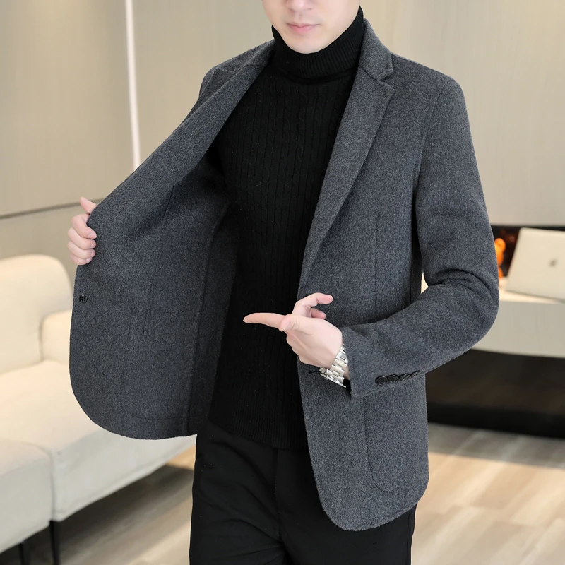 冬季男士西服商务休闲双面呢外套青年时尚高端绵羊毛西装呢子大衣