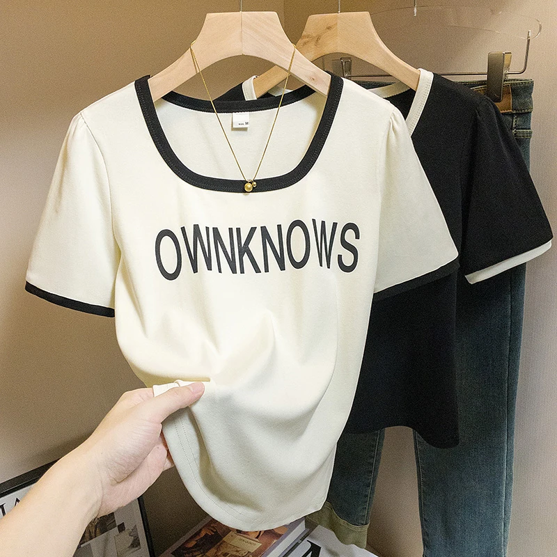 大码正肩短袖T恤女夏新款洋气胖妹妹设计感小众显瘦独特方领上衣