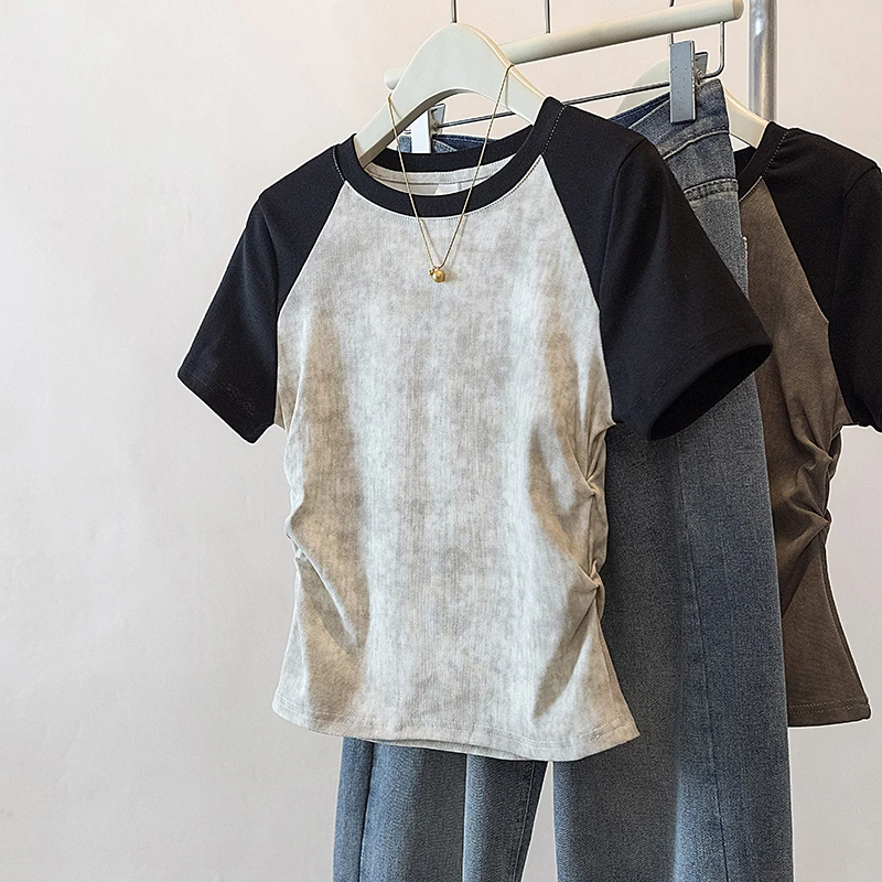 yoewshean/羽媗微胖mm大码女装夏季显瘦遮肚扎染拼接上衣短袖t恤