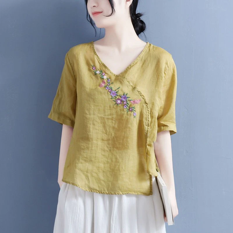 棉麻薄款民族风上衣女文艺复古宽松刺绣禅意中式汉服V领中袖T恤夏