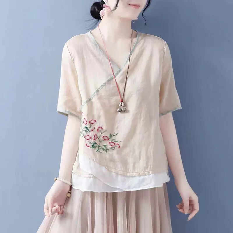 夏季民族风棉麻绣花V领短袖上衣女中式斜襟中国风显瘦衬衫茶服