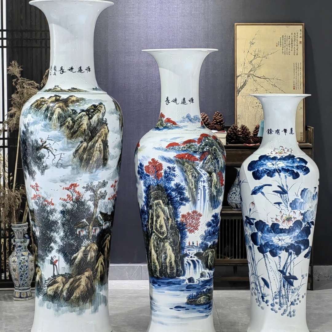 景德镇陶瓷器新中式客厅手工手绘青花山水牡丹落地大花瓶装饰摆件