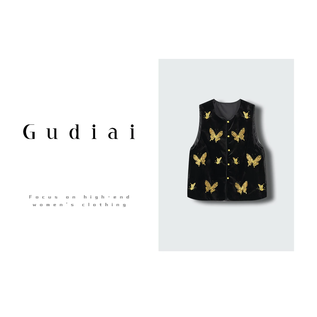 Gudiai/古迪爱【化蝶】新中式蝴蝶粉扣国风丝绒马甲A320-Y2287