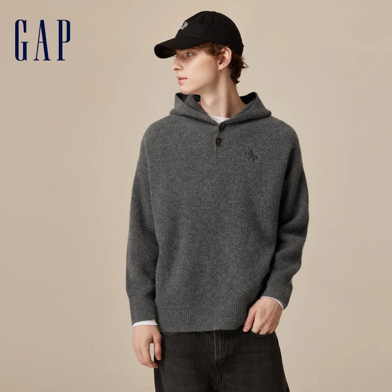 Gap男女装秋季2023新款LOGO宽松半开襟针织衫718686连帽毛衣