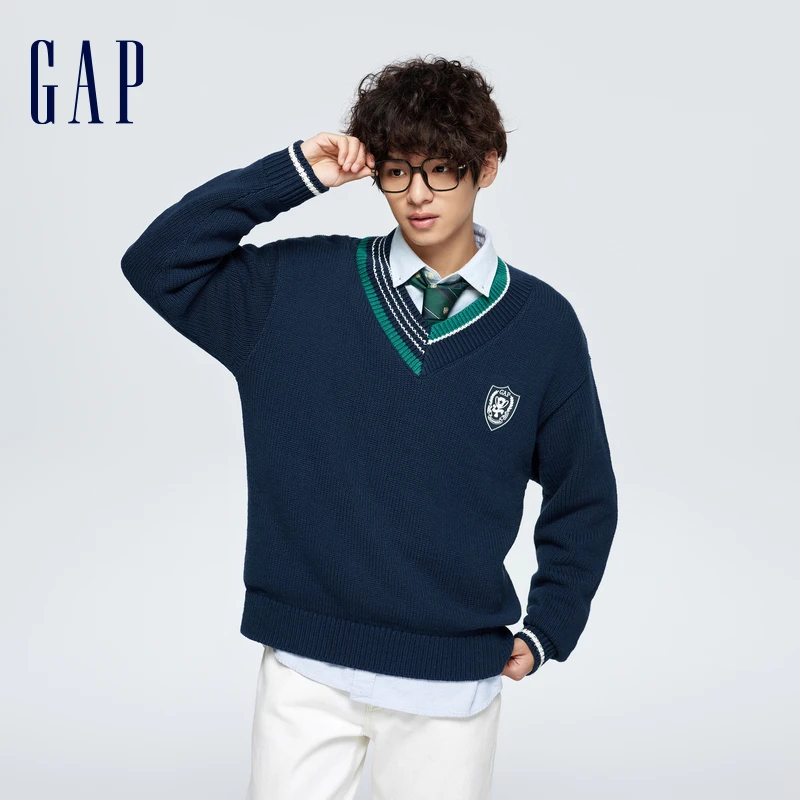 Gap男装春季新款LOGO学院风不对称蓝色毛衣春日休闲风 885857