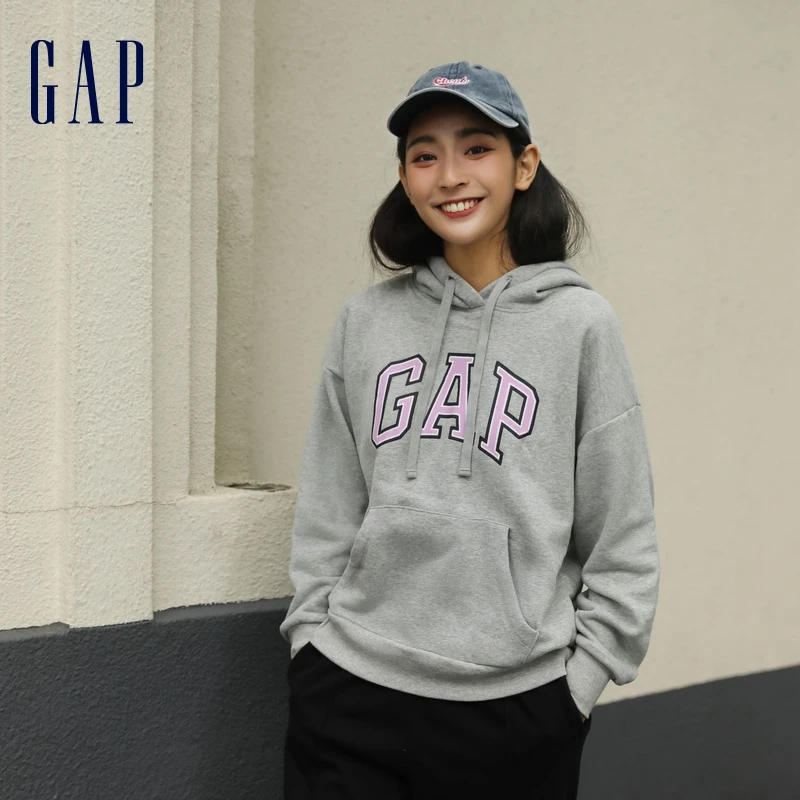 Gap女装秋季款LOGO碳素软磨抓绒连帽卫衣445804运动时尚休闲上衣