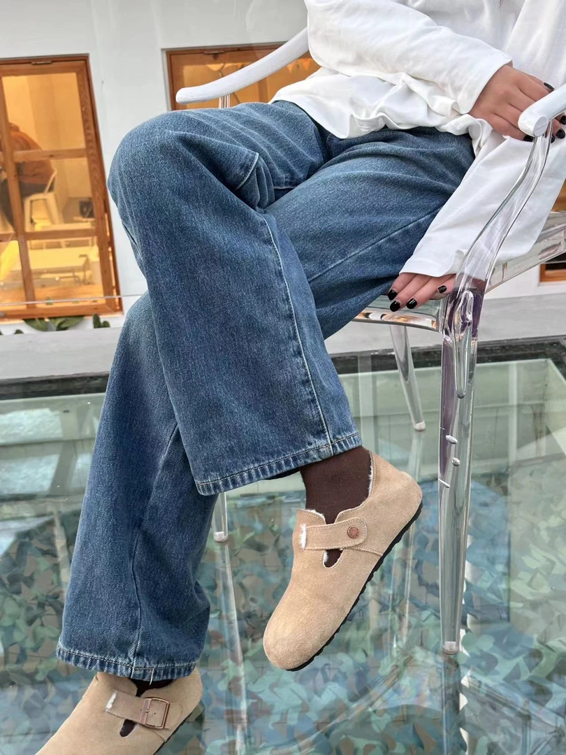 【樱桃儿】暗兰系2024秋冬新款休闲牛仔裤百搭宽松阔腿裤