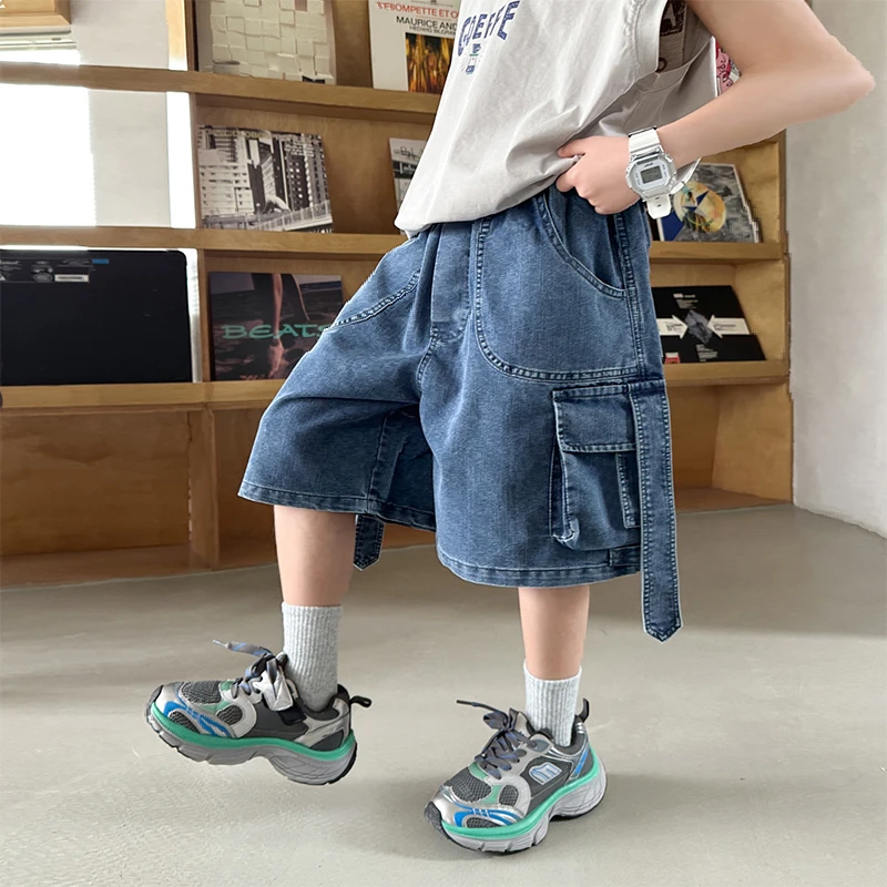 男童大口袋工装牛仔短裤夏季薄款潮牌中大童宽松直筒韩版五分中裤