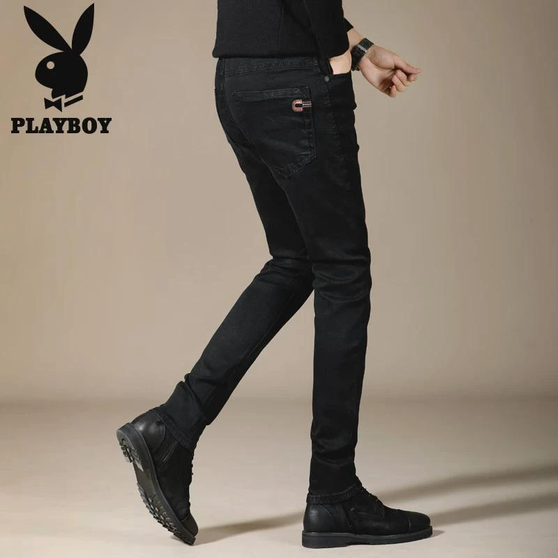 花花公子黑色弹力牛仔裤男士潮牌休闲秋季新款修身小脚长裤子男裤