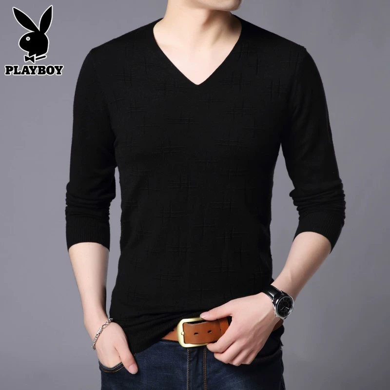 花花公子v领针织衫男士线衣内搭秋冬季简约修身黑色打底衫毛衣男