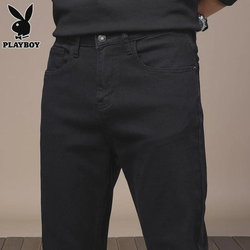 花花公子黑色牛仔裤男款冬季潮流潮牌修身弹力休闲小脚长裤子男士