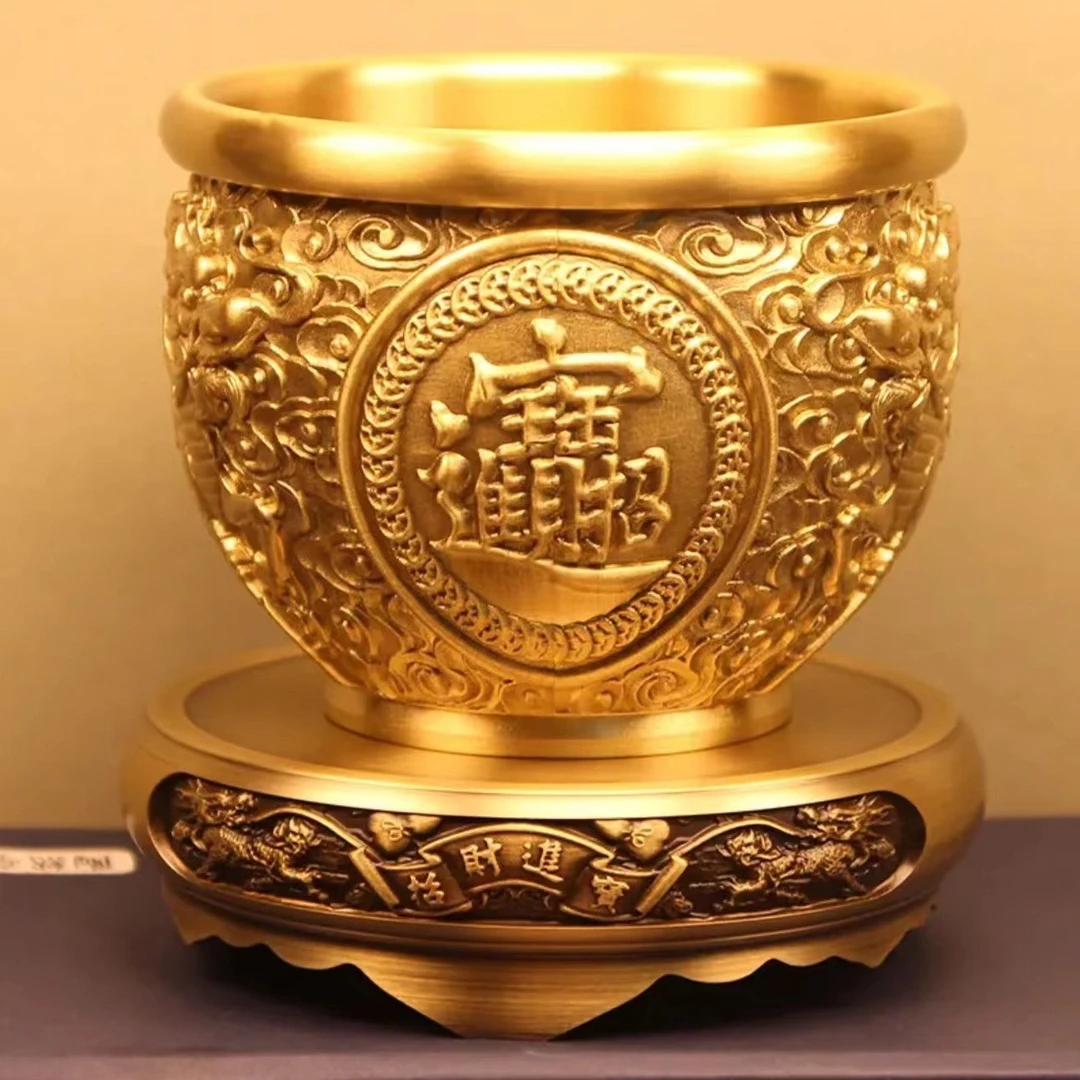 麒麟缸聚宝盆摆件大号高档黄铜麒麟进宝缸铜摆件店铺家居办公室