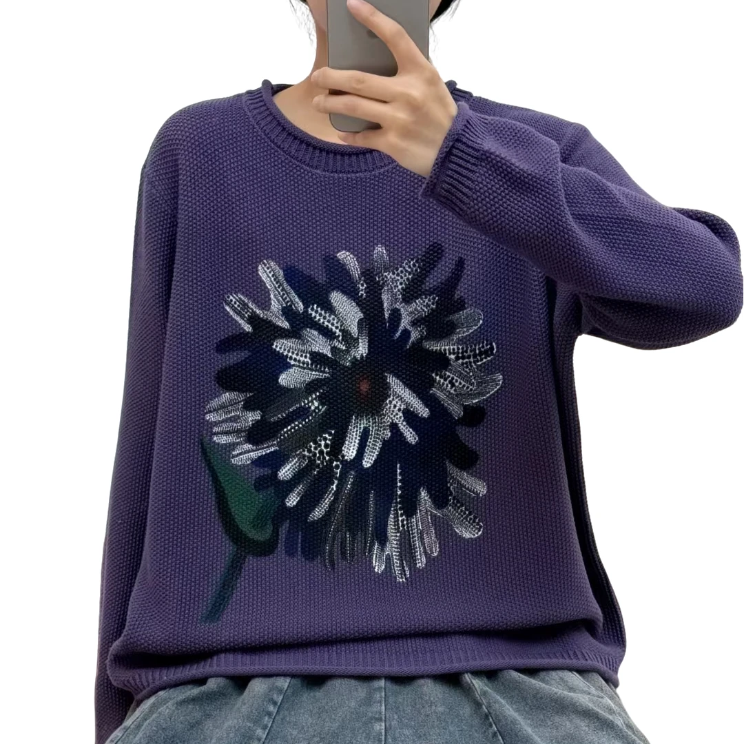 初春新款时尚油画艺术簇菊印花文艺棉线针织衫宽松圆领套头毛衣