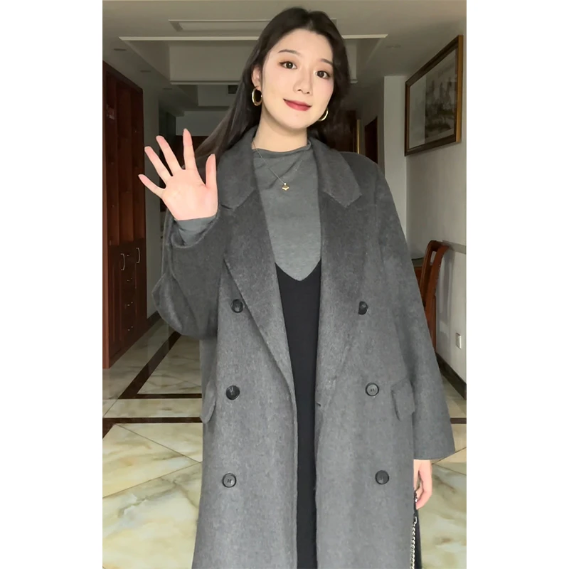 绵羊毛双面呢大衣女韩版氛围感气质长款纯色正肩显瘦西装毛呢外套