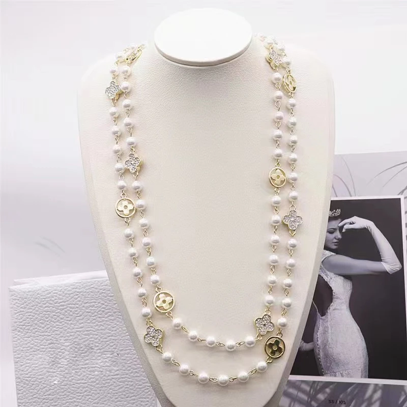 铁合金仿珍珠项链 时尚原创设计四叶草贝珠项链长款毛衣链